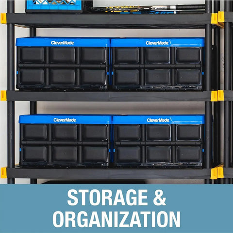 Collapsible Storage Bins 32L Three Pack Heavy Duty Stackable Crates on shelf for home office dorm RV garage space saving use