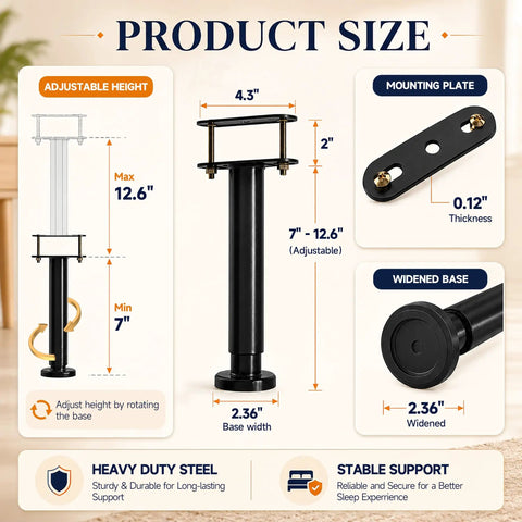Heavy Duty Adjustable Bed Frame Support Legs Built Tough Straight Up Solid Game Changer detailed view showing adjustable height and base dimensions.