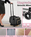 Woman pulling rolling teacher bag with wheels on various surfaces; focus on durable black laptop work case with smooth wheels.
