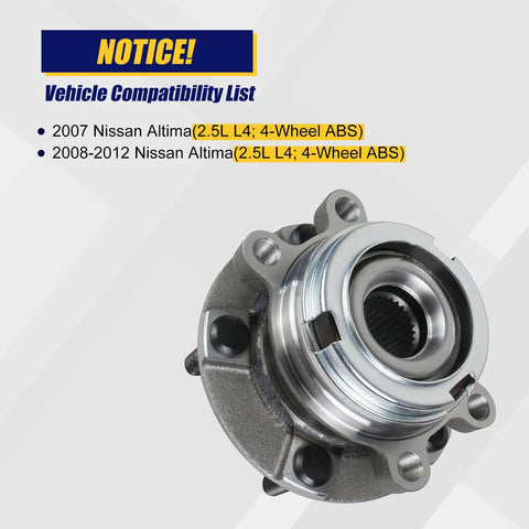 Two Pack Front Wheel Bearing And Hub Assembly 513294 Fits Nissan Altima 2007 2008 2009 2010 2011 2012 With 5 Lug And ABS Front Wheel Replacement For A Smooth Quiet Ride, shown close-up with compatibility notice