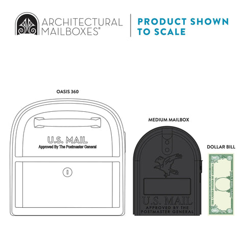 Oasis 360 Post Mounted Mailbox White, Heavy Duty Steel Build, product scale comparison with dollar bill and medium mailbox.