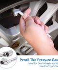 Pencil tire pressure gauge, 2-pack, dual-head, silver metal, used on car tire valve.