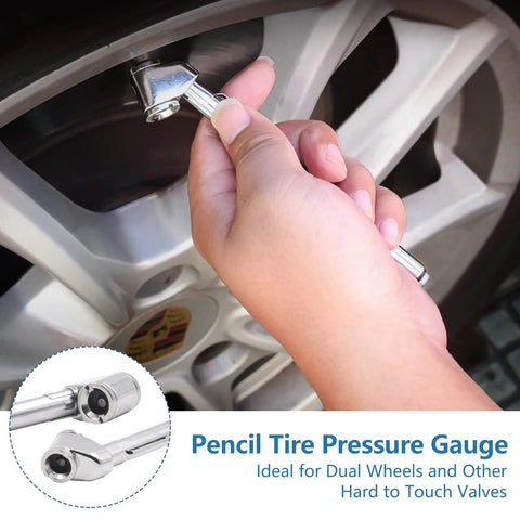 Pencil tire pressure gauge, 2-pack, dual-head, silver metal, used on car tire valve.