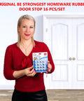Woman holding 16 Pack Tiny Door Stoppers Wall Protectors Self Adhesive Rubber Bumpers For Glass And Wood Doors in a package.