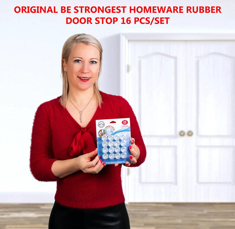 Woman holding 16 Pack Tiny Door Stoppers Wall Protectors Self Adhesive Rubber Bumpers For Glass And Wood Doors in a package.