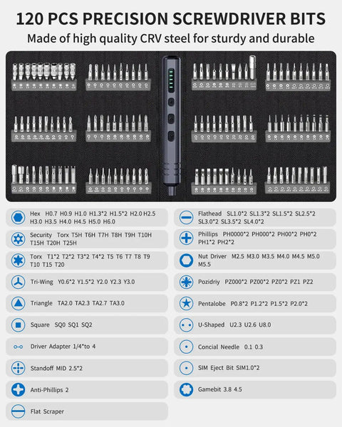 Mini Electric Screwdriver Set 140-In-1 with 120 CRV steel bits and precision driver displayed on foam insert