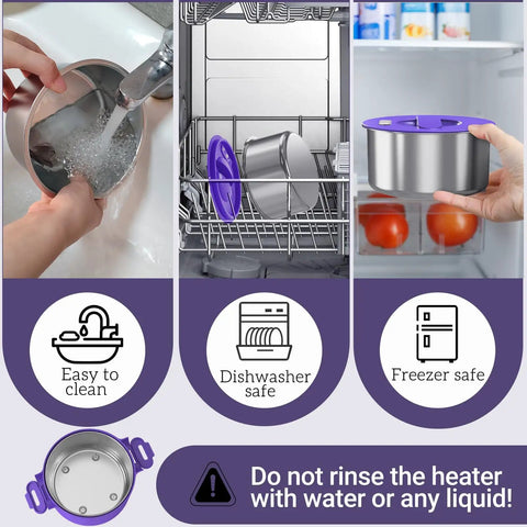 Portable 33oz Electric Lunch Box 100W Fast Heat 3 In 1 Food Warmer shown being cleaned and stored.