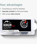 All In One Shimano Hydraulic Brake Bleed Kit For Disc Brakes With 100 Ml Mineral Oil, Gloves And Bleed Block, Video Guide And Clear Instructions For Easy At Home Bleeding in clear plastic case.