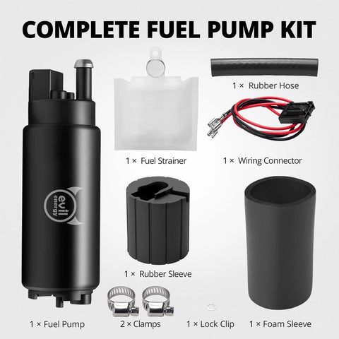 EFI 255LPH Electric In Tank Fuel Pump High Flow 43 PSI Kit with fuel pump, strainer, hose, clamps, wiring for 12V EFI systems.
