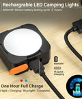 Rechargeable Camping Lights Dual Pack Black Tent Lights close-up showing USB-C charging port and 800mAh battery capacity indicator.