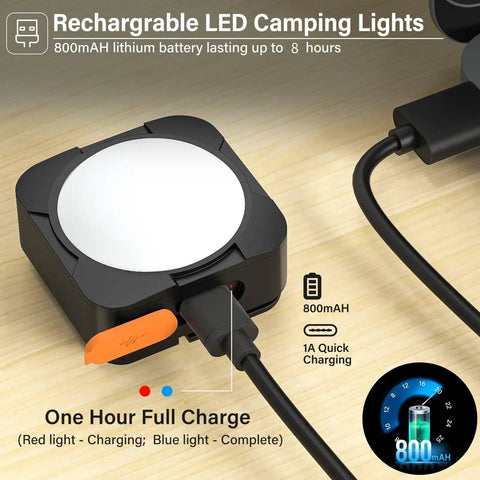 Rechargeable Camping Lights Dual Pack Black Tent Lights close-up showing USB-C charging port and 800mAh battery capacity indicator.
