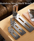 Heavy Duty Stainless Steel L Corner Shelf Brackets Set, Right Angle Wall Mount Shelf Brackets displayed on a wooden surface