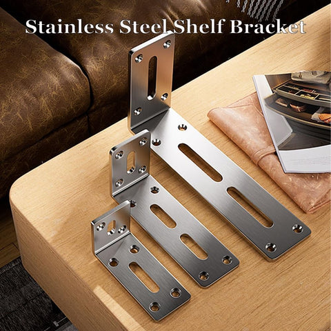 Heavy Duty Stainless Steel L Corner Shelf Brackets Set, Right Angle Wall Mount Shelf Brackets displayed on a wooden surface