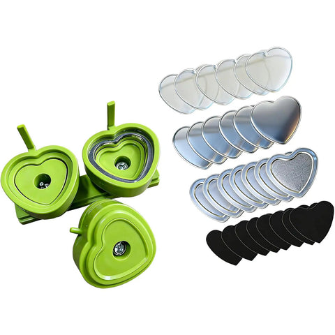 Heavy Duty Button Press Machine With Sturdy Slide Rails Make Custom Heart Badges And Name Labels For School Art Classes Community Events And Parties This Versatile Crafting Tool Is Perfect For Making Unique Accessories Clothes Bags Weddings And - includes green heart molds and pins.