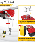 Front view of red electric hoist winch with steel wire rope, hook, and wireless remote control.