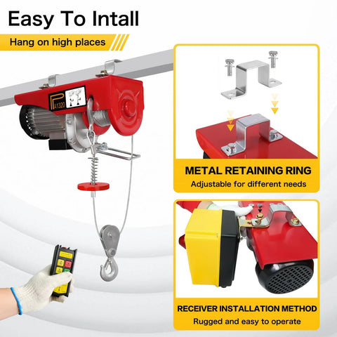 Front view of red electric hoist winch with steel wire rope, hook, and wireless remote control.