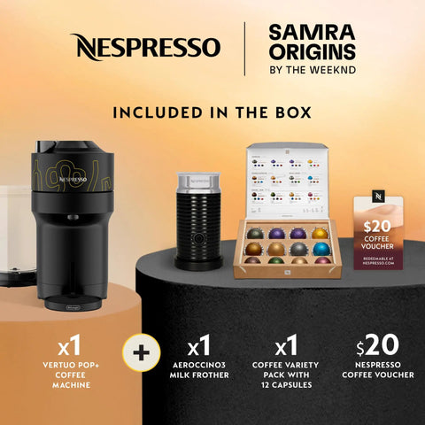 Vertuo Pop Plus Coffee And Espresso Maker With Aeroccino3 Milk Frother, coffee capsules, and voucher on display