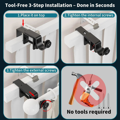 Tool-free installation guide for Easy Install No Drill Curtain Rod Bracket Set For Standard 1 To 2 Inch Headrails Black Finish