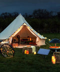 68Ft Solar Outdoor String Lights With USB Backup, warm LED bulbs illuminating tent, ideal for patio, garden, backyard ambiance.