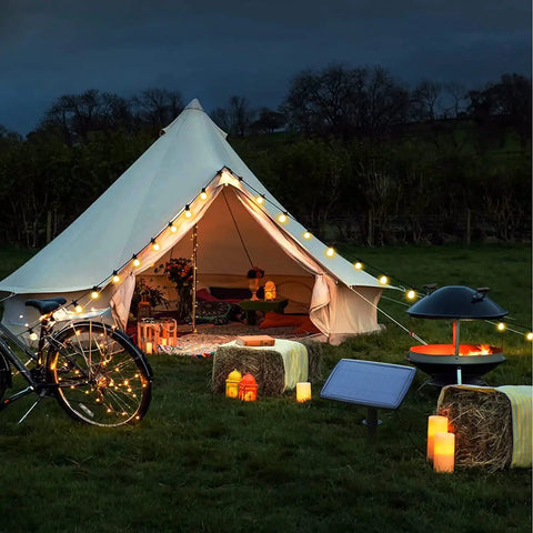 68Ft Solar Outdoor String Lights With USB Backup, warm LED bulbs illuminating tent, ideal for patio, garden, backyard ambiance.