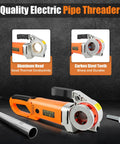 Pro Grade Electric Pipe Threader With Six Heavy Duty Dies For Galvanized Steel And Pp Tubing Portable 2300 Watt Threading Machine close-up view of aluminum head and carbon steel teeth.