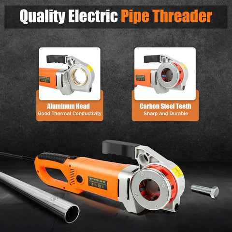 Heavy Duty Electric Pipe Threader With 2300 Watt All Copper Motor showing aluminum head and carbon steel teeth for threading.