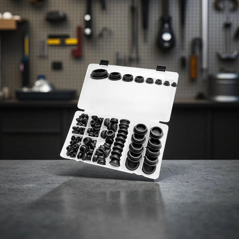 Heavy Duty 125 Pcs Silicone Plugs Black Assorted Kit for Round Holes Snap Locking Rubber Grommets 0.2 To 1 Inch Sizes Secure Sealing Stopper Set With Storage Case For Pipes And Fittings. Assorted black silicone plugs in storage case