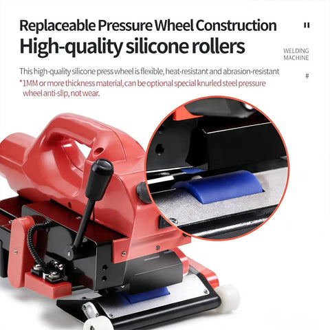 Close-up of Tough As Nails Pro Grade Hot Wedge Plastic Welder's replaceable silicone pressure wheel for efficient sealing.
