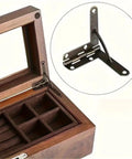Soft-Close Cabinet Hinges With Hydraulic Damper for jewelry box, displayed on wooden box corner, close-up of hinge detail