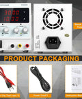 Packaging of Adjustable DC Bench Power Supply 0 To 30V 0 To 10A With 4 Digit Display, including alligator clips, power cord, manual