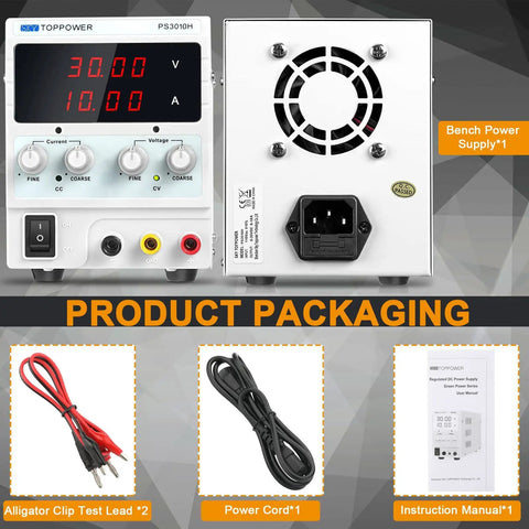 Packaging of Adjustable DC Bench Power Supply 0 To 30V 0 To 10A With 4 Digit Display, including alligator clips, power cord, manual