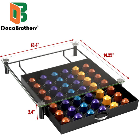 Tempered Glass Coffee Pod Drawer For Original Line Holds 42 Pods with capsules in drawer, clear top, kitchen accessory.