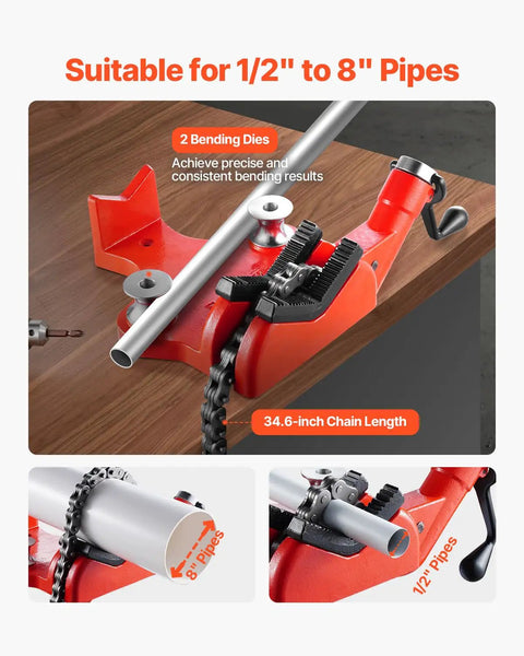 Heavy-Duty Pipe Chain Vise Workhorse With Two Bending Dies, One Half Inch To Eight Inch Pipe Capacity, 34.6 Inch Chain, Cast Iron Base