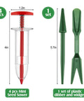 Six Piece Mini Seed Sowing Dispenser Kit With Two Transplanting Tools showing seed sower and plastic dibber