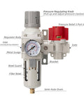 Industrial Air Compressor Filter Regulator Combo Three Eighth Inch NPT 0-150 PSI Gauge with labeled parts and semi-auto drain.
