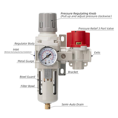 Industrial Air Compressor Filter Regulator Combo Three Eighth Inch NPT 0-150 PSI Gauge with labeled parts and semi-auto drain.