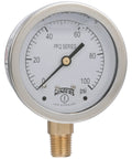 Industrial liquid filled pressure gauge with 2.5-inch dial, brass internals, and 304 stainless steel case, 0-100 psi scale.