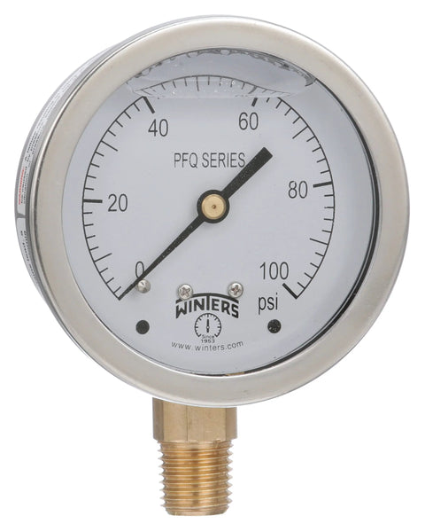 Industrial liquid filled pressure gauge with 2.5-inch dial, brass internals, and 304 stainless steel case, 0-100 psi scale.