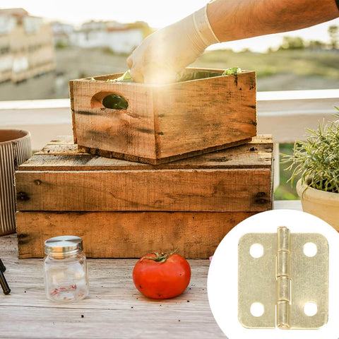 20 Pieces Dollhouse Mini Hinges Hardware Set For Small Furniture Cabinets And Closets 1 To 12 Scale With 80 Screws Yellow Antique Brass Finish Durable Stainless Steel Alloy Perfect For Jewelry Boxes And Dollhouse Miniatures shown with wooden boxes and a tomato