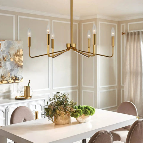 Six Light Modern Brushed Brass Chandelier 26 Inch Hanging Ceiling Light Fixture For Living Room Dining Room And Kitchen Island Industrial Candle Style Dope Tubular Design