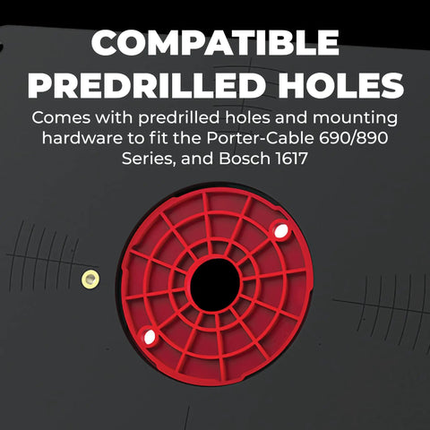 Predrilled holes in Top Shelf Phenolic Router Table Insert Plate Designed For Porter Cable And Bosch Routers with hardware.
