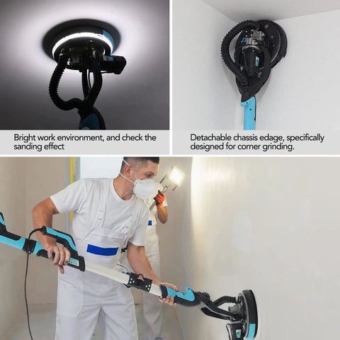 Drywall Sander Without Vacuum 750W Electric Sander With Telescopic Foldable Pole in use on ceiling and corner.
