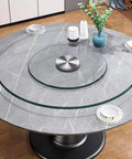 Rock Solid 360 Smooth Swivel Lazy Susan Turntable, Massive 34 Inch Tempered Glass Serving Platter on a marble table.