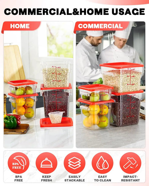 Clear 4 Quart Food Storage Container Set With Red Lids, 4 Pack Square Containers BPA Free Hot And Cold Resistant in kitchen use