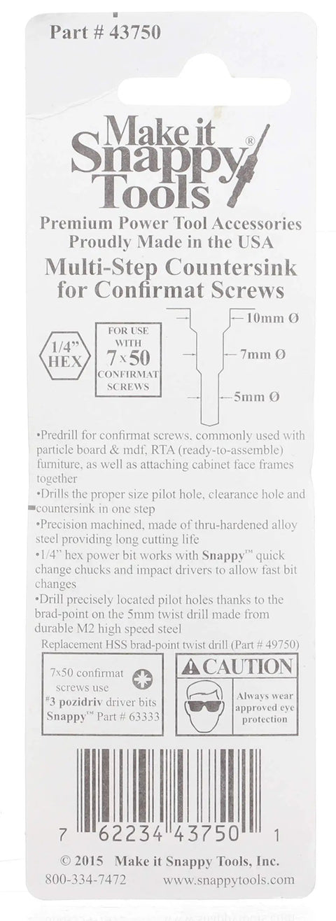 Back packaging of Two Piece Confirmat Screw Drill Bit Set 7x50mm With One Quarter Inch Hex Shank For PoziDrive without marketing