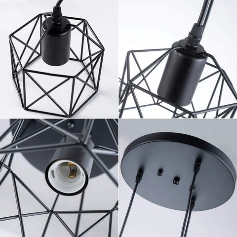 Close-up of Industrial 3-Light Pendant Light With Black Metal Cage Shade showing adjustable fixture and vintage dark finish.