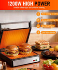 Get Juiced With This Bad Boy 1200W Panini Press Grill Standard 2 Slice Sandwich Maker with burgers on non-stick plates.