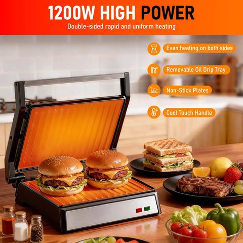 Get Juiced With This Bad Boy 1200W Panini Press Grill Standard 2 Slice Sandwich Maker with burgers on non-stick plates.