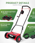 16 Inch Cordless Electric Reel Lawn Mower With Dual 36Wh Batteries For Long Run Time Up To 30 Minutes Of Mowing On Small To Medium Lawns Quiet Eco Friendly Yard Work No Fuss Easy Start, 2 batteries and charger included