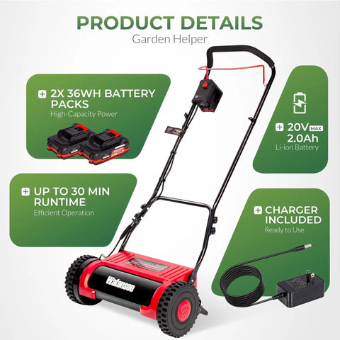 16 Inch Cordless Electric Reel Lawn Mower With Dual 36Wh Batteries For Long Run Time Up To 30 Minutes Of Mowing On Small To Medium Lawns Quiet Eco Friendly Yard Work No Fuss Easy Start, 2 batteries and charger included